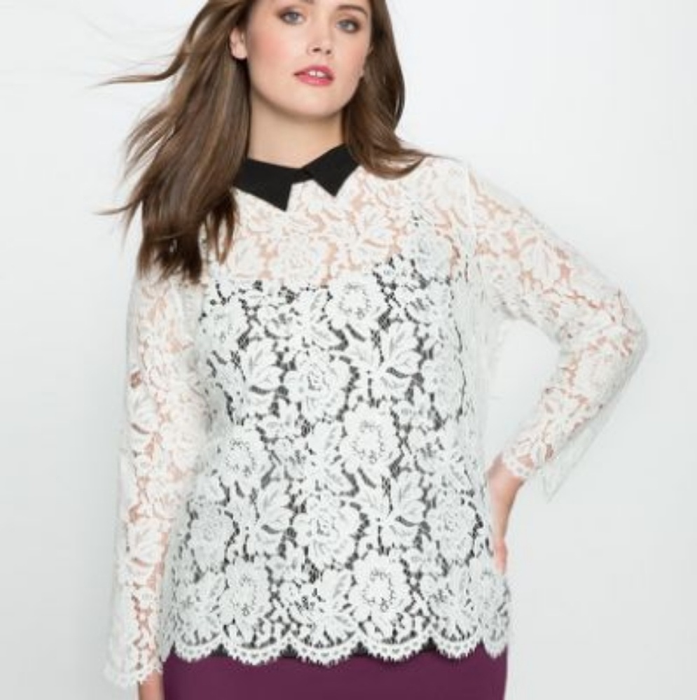 White Lace Top with Black Collar
